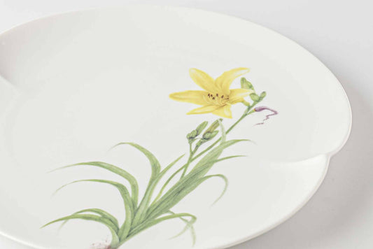 A white, delicate, and hand-painted 8-inch plate with a yellow daisy design.