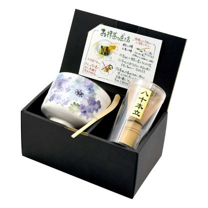 Handmade Matcha Bowl Set with Whisk & Scoop - Blue Flower - ZenwareCrafts