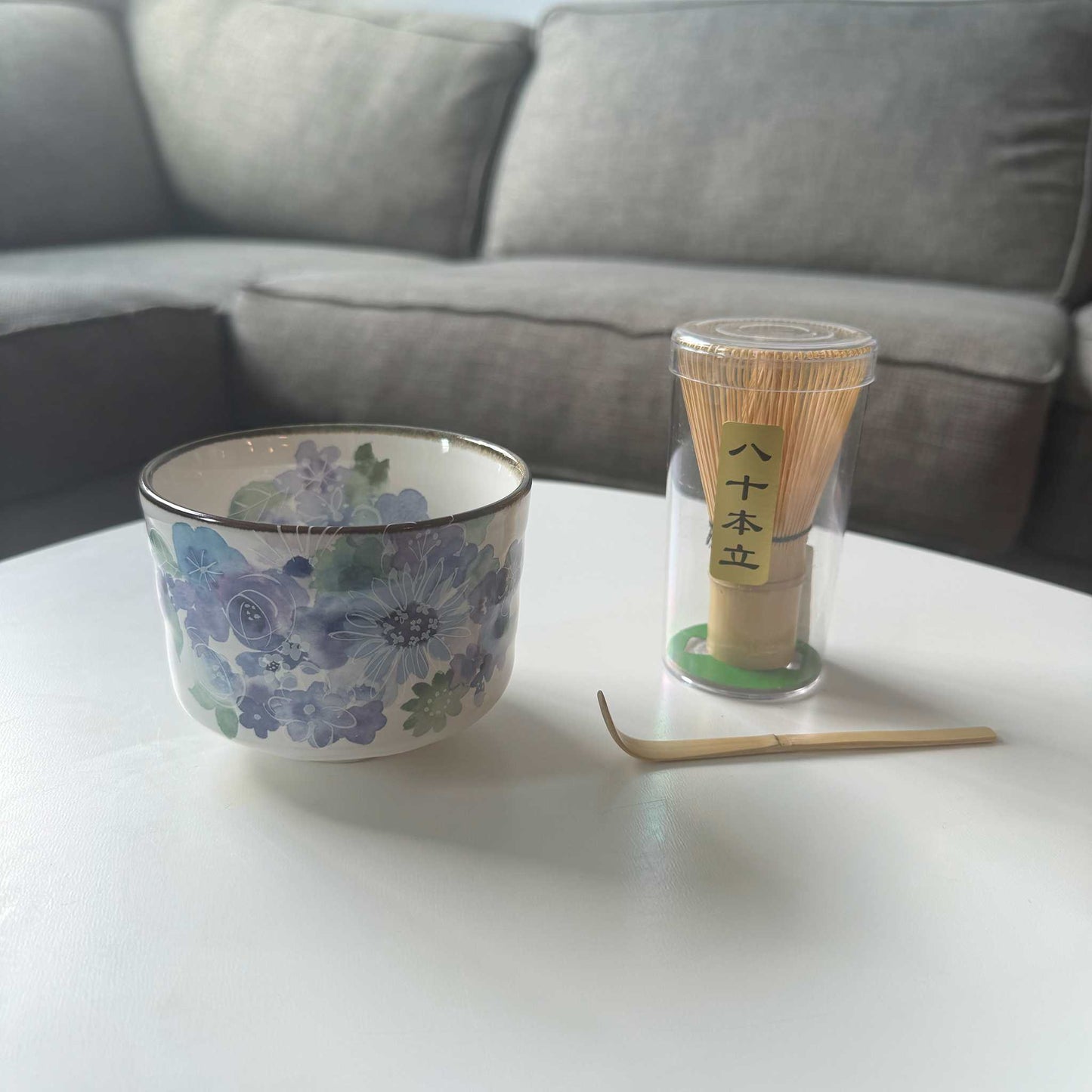 Handmade Matcha Bowl Set with Whisk & Scoop - Blue Flower - ZenwareCrafts