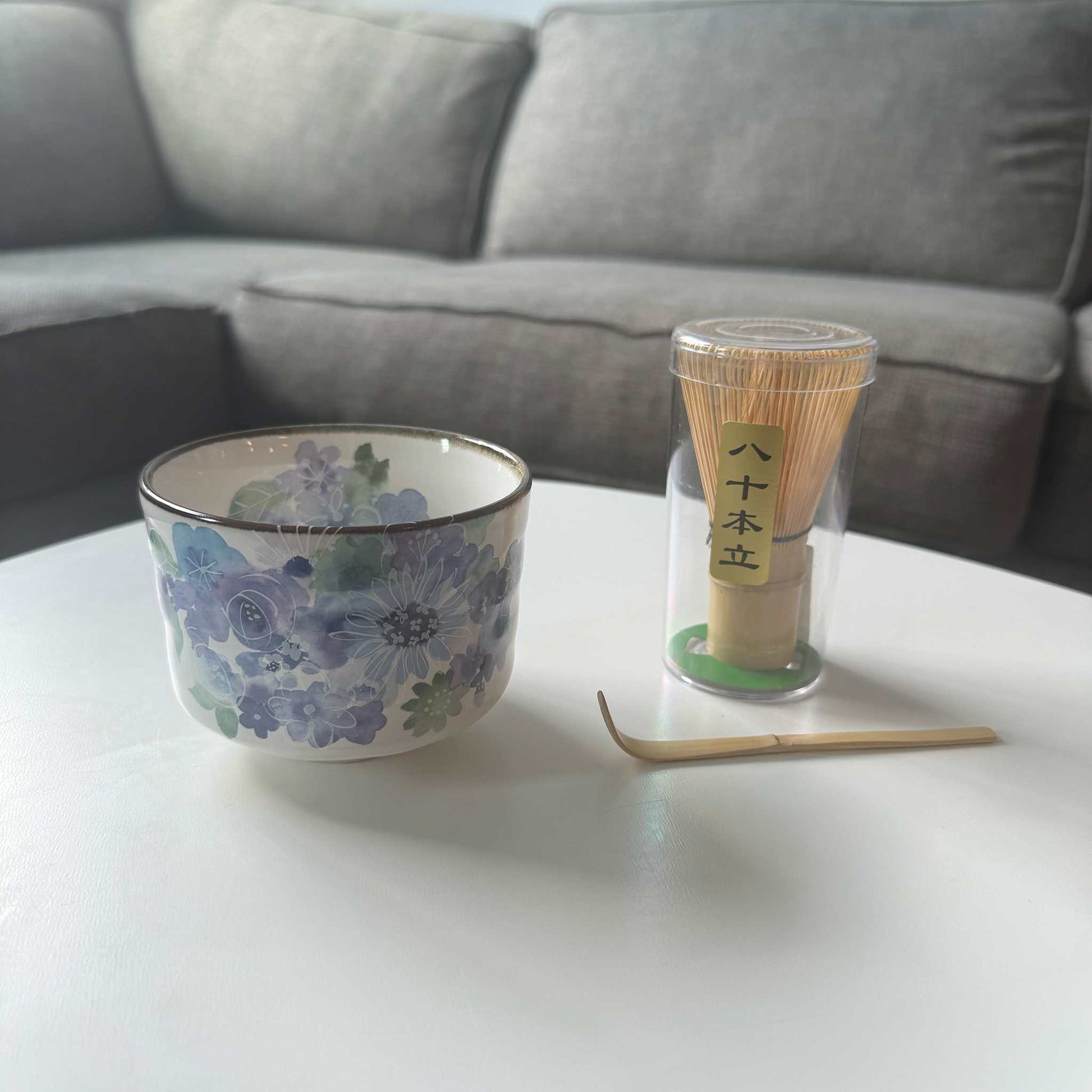 Handmade Matcha Bowl Set with Whisk & Scoop - Blue Flower - ZenwareCrafts