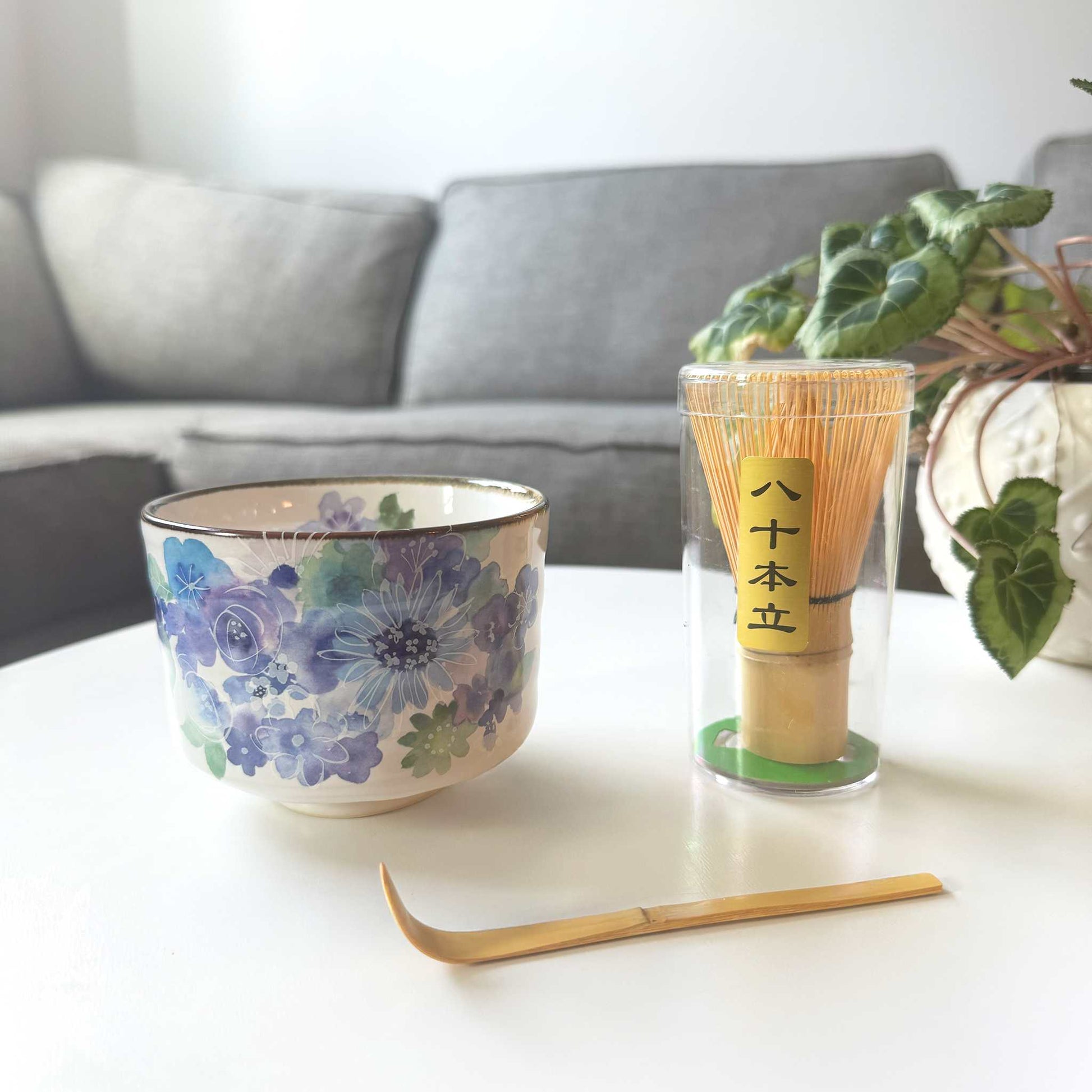 Handmade Matcha Bowl Set with Whisk & Scoop - Blue Flower - ZenwareCrafts