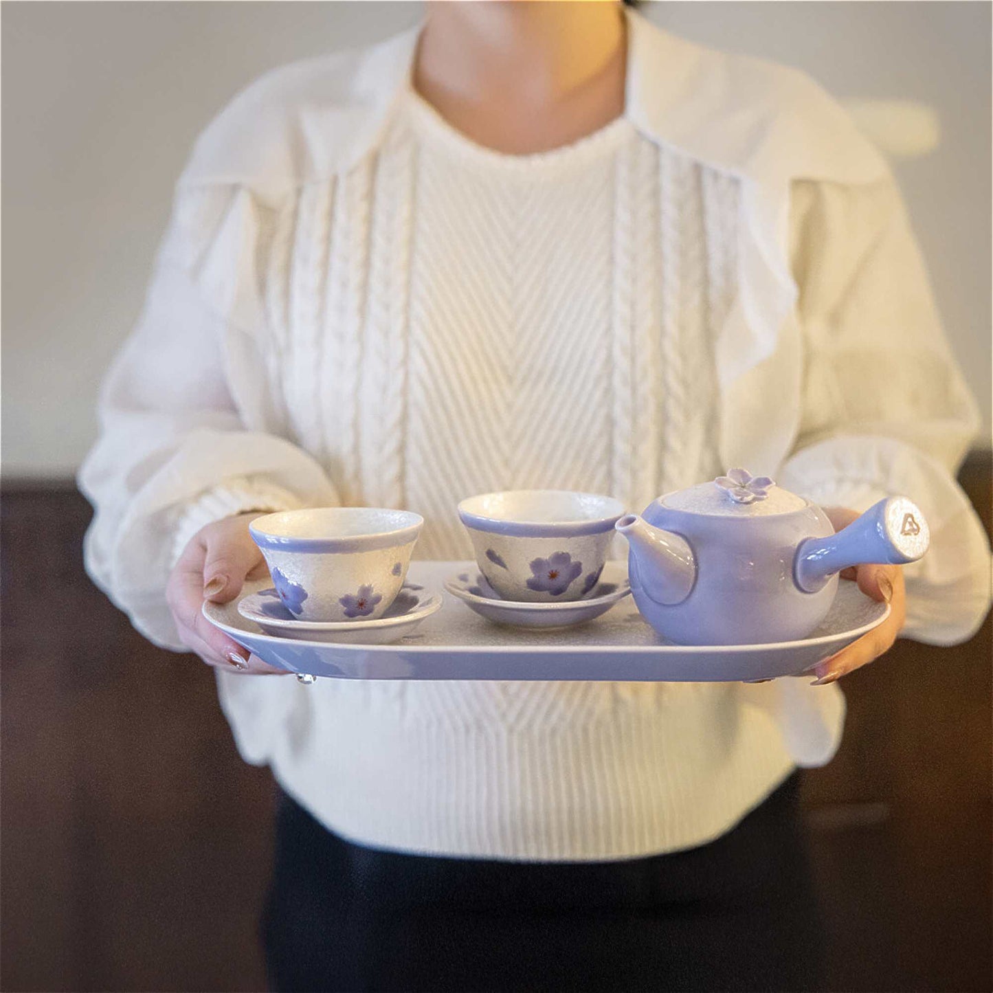 Cherry Blossom Handmade Teapot and Cup Set -  Purple - ZenwareCrafts