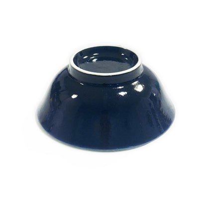A dark blue, glossy, Mino ware-inspired ramen bowl with a wide, rounded base and a slightly narrower, flared rim.