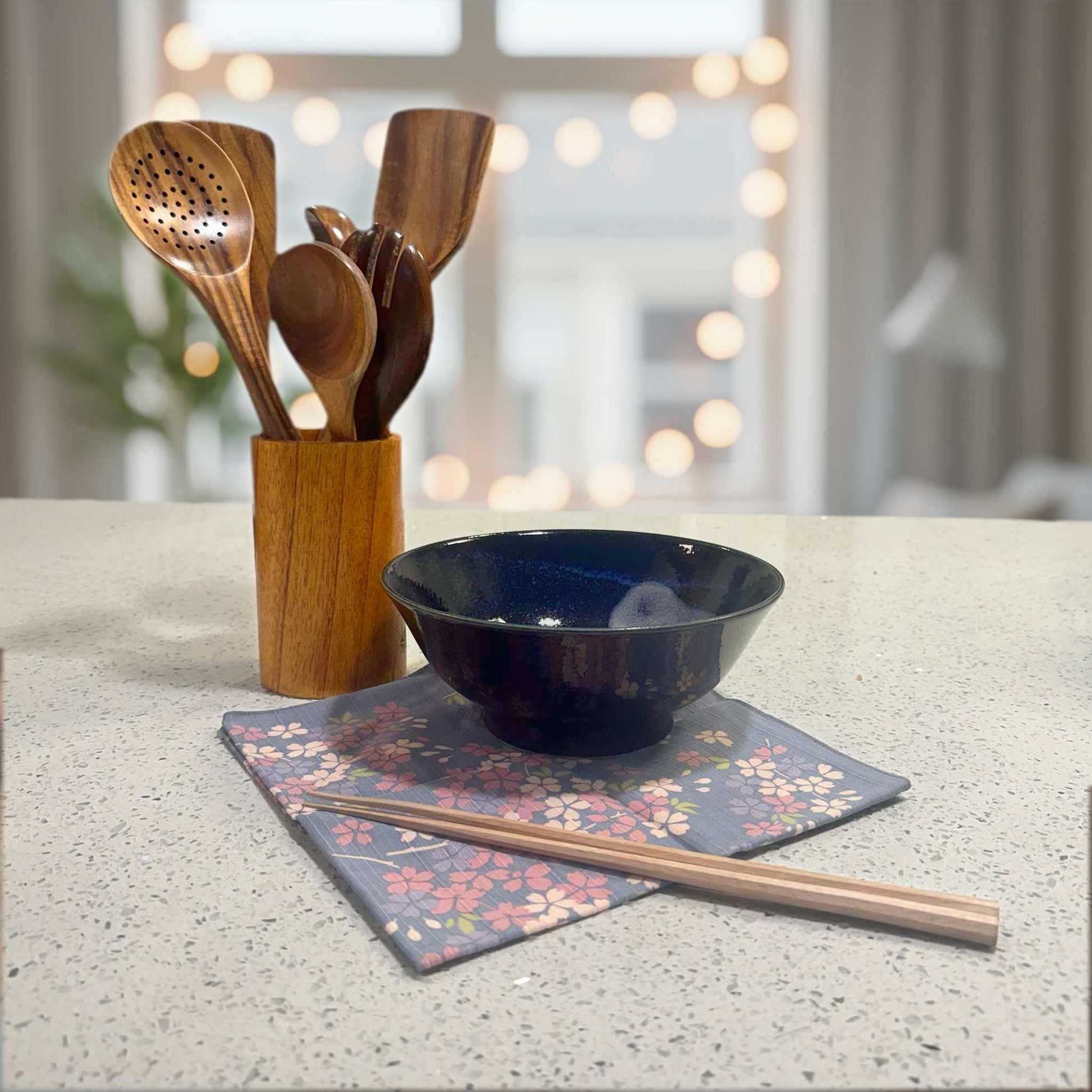 Dark blue Mino ware porcelain ramen bowl with a rich, speckled glaze from the Sixteen Nights collection.
