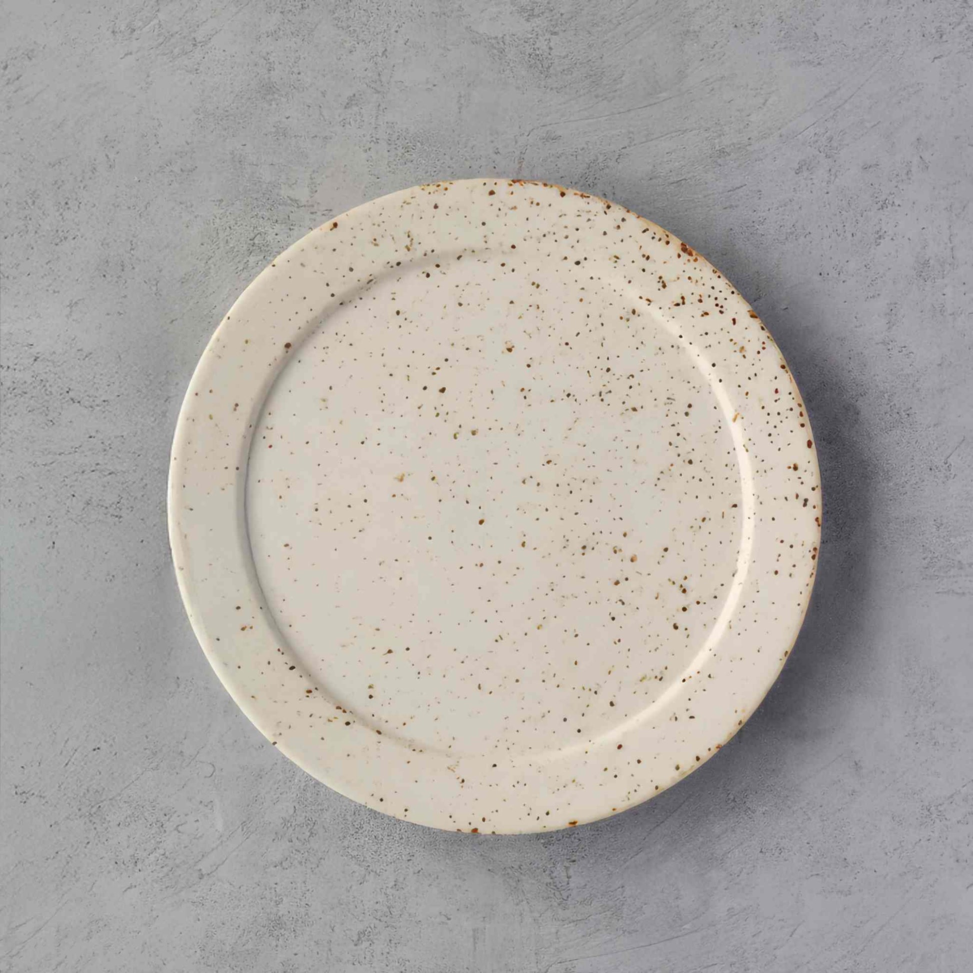 A small, handcrafted plate with a speckled, earthy glaze, evoking the Japanese concept of sabi, where imperfections are celebrated.