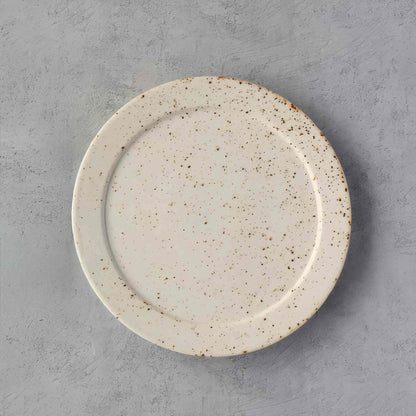 A small, handcrafted plate with a speckled, earthy glaze, evoking the Japanese concept of sabi, where imperfections are celebrated.