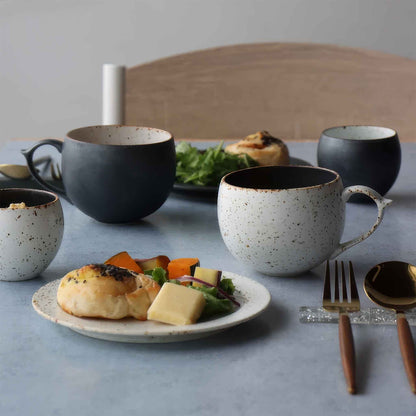 Handcrafted black and white wabi-sabi ceramic mug with saucer, Arita ware.