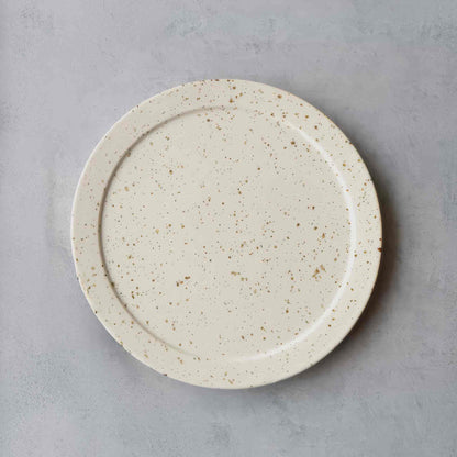 Handmade black and white plate with speckled glaze, evoking Arita ware's traditional Japanese porcelain.