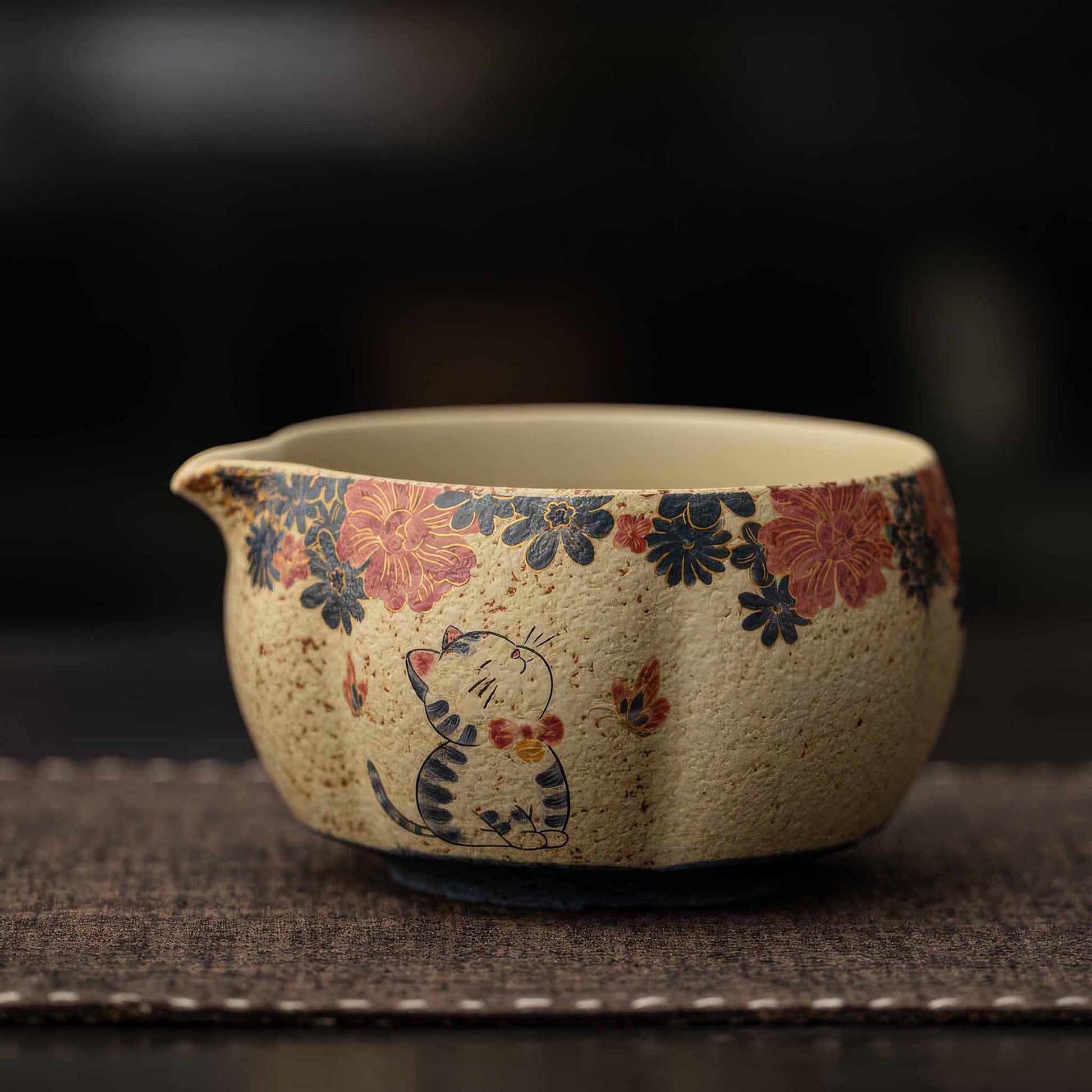 Hand-painted blue and white flint red matcha bowl set with natural, earthy design.