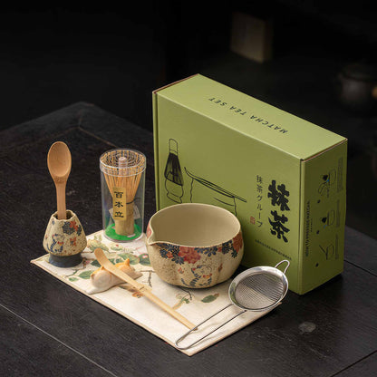 Blue & White Flint Red Handmade Matcha Bowl Set with Accessories - Kitten