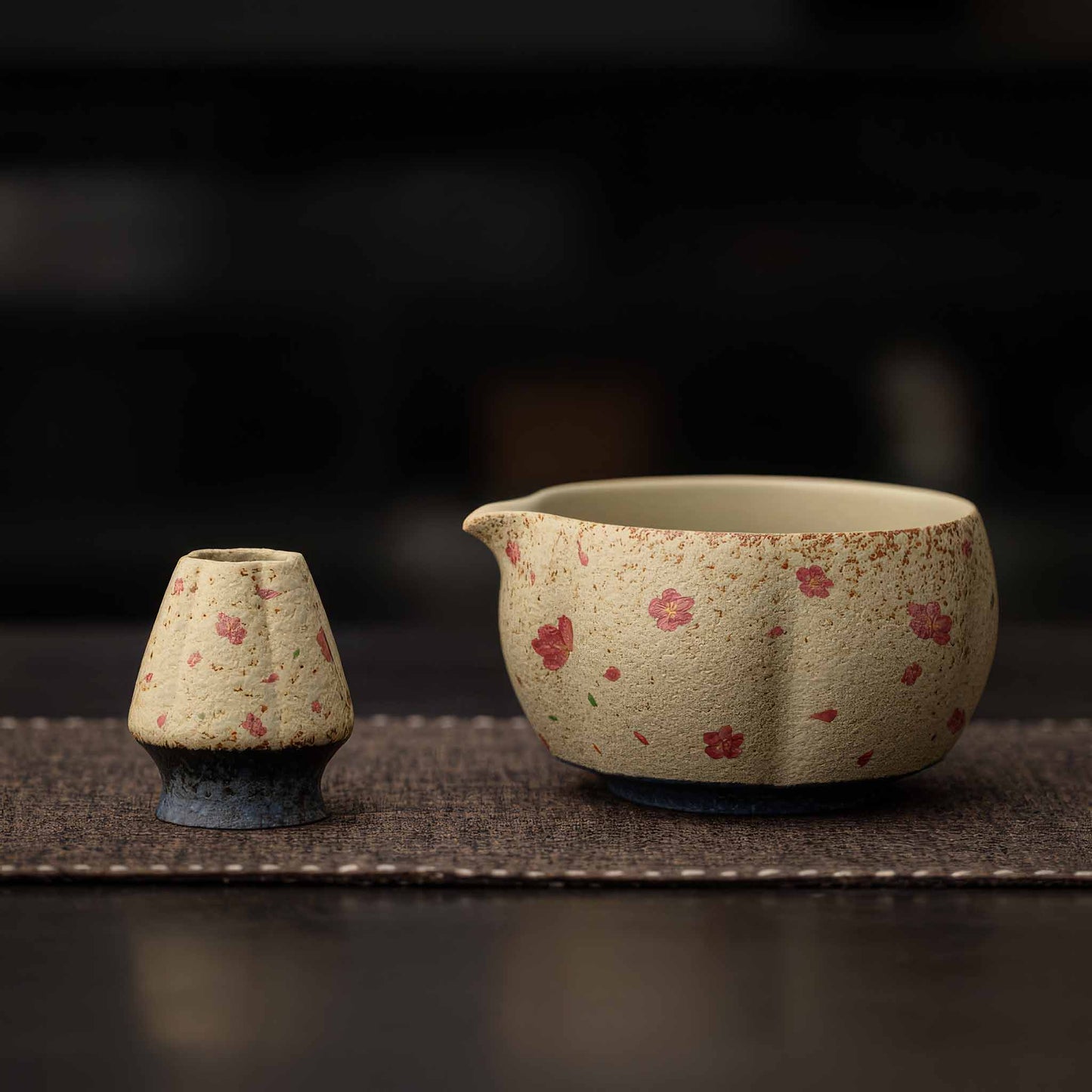 A Handcrafted matcha bowl set with a unique, naturalistic design, made from high-quality, durable materials.