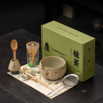 Blue & White Flint Red Handmade Matcha Bowl Set with Accessories - Kitten