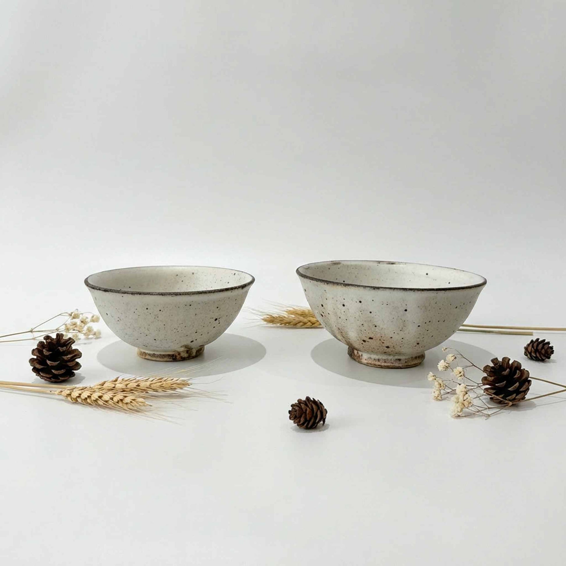 Handmade V-Shape Bowl by Takashi Sogo in white kohiki glaze, set on a white surface with dried flowers and a pinecone.