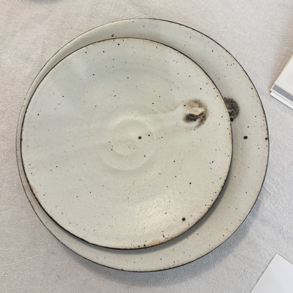 A handcrafted, shallow, white ceramic bowl with a speckled glaze, created by Japanese artisan Takashi Sogo.